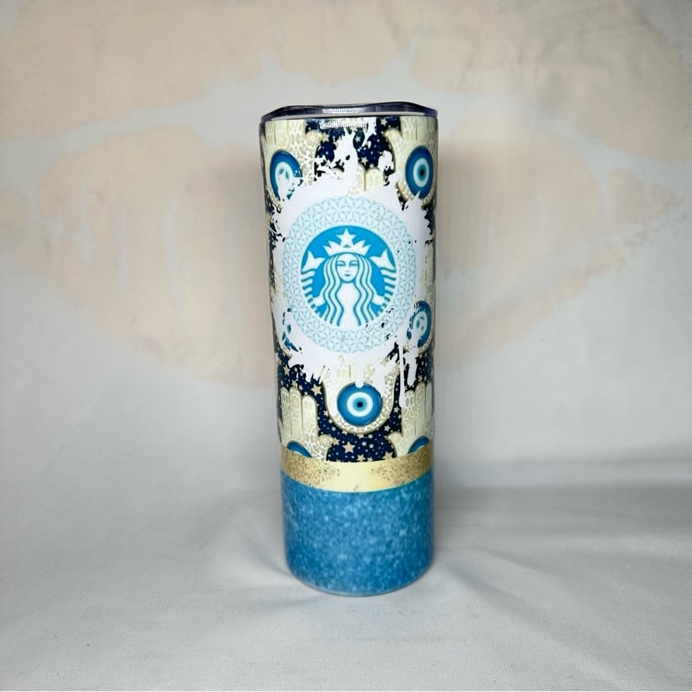 Starbucks Blue and Gold Tumbler with Eye Motif
